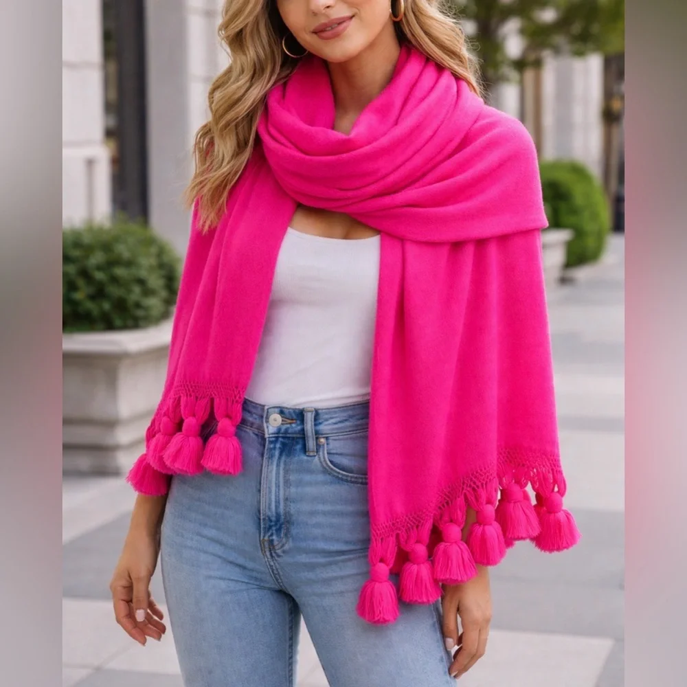 Vintage Saks Fifth Avenue Hot Pink Tassel Scarf / Throw | Blanket Wrap 26” x 78”